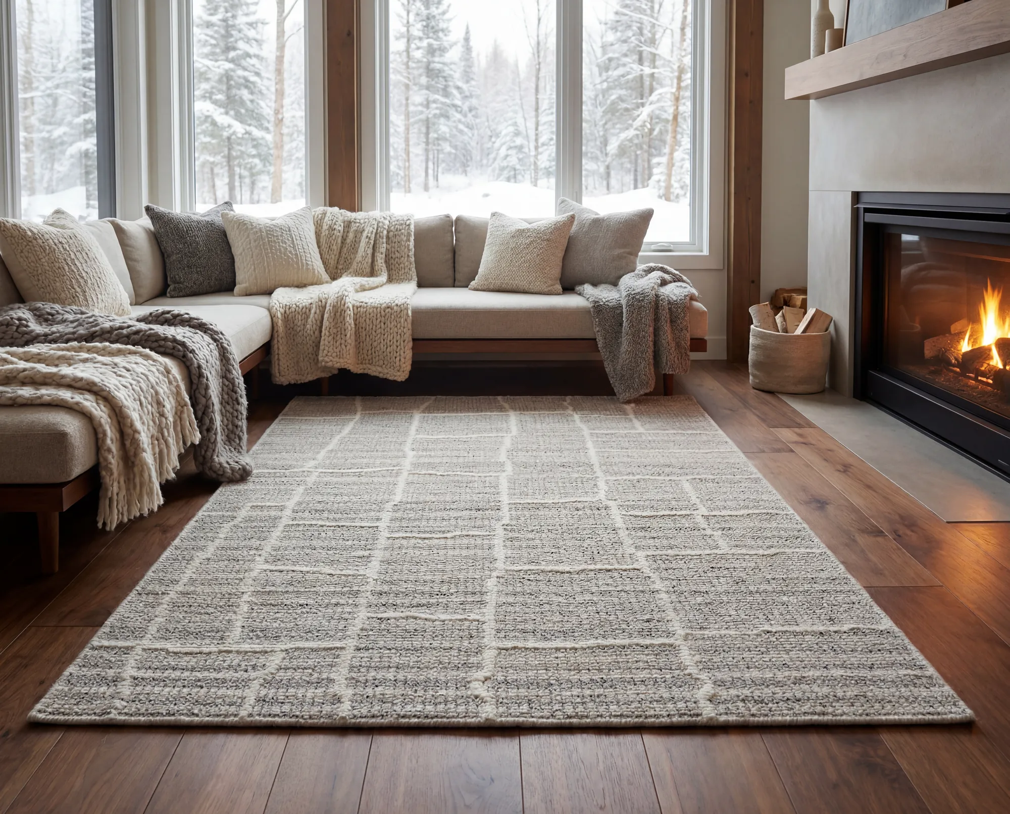 Limestone rug from the Quarry collection styled in a living room.